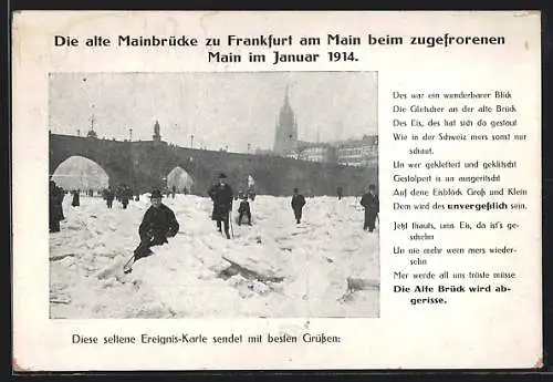 AK Frankfurt, Der zugefrorene Main an der alten Mainbrücke 1914