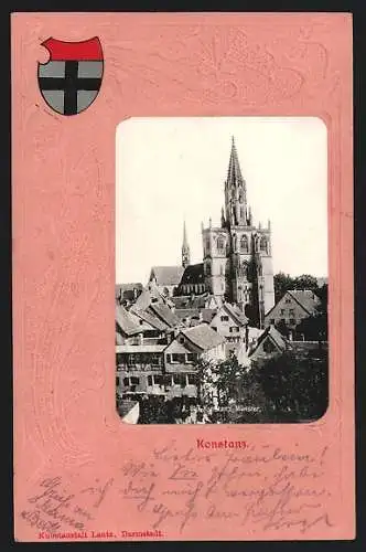 Präge-AK Konstanz, Münster im Passepartout mit Wappen