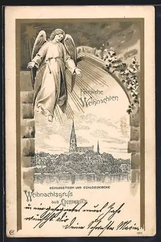 Lithographie Chemnitz, Schlossteich und Schlosskirche im Passepartout mit Weihnachtsengel