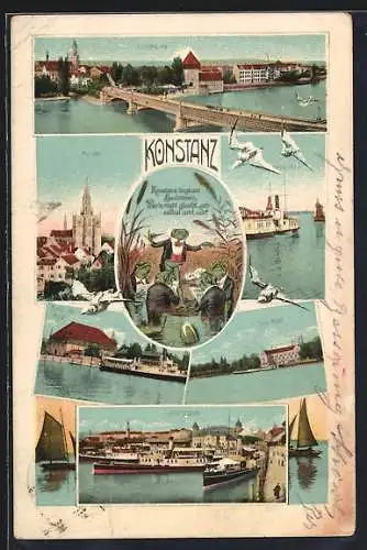 AK Konstanz, Insel-Hotel, Rheinbrücke, Hafeneinfahrt, Froschkonzert