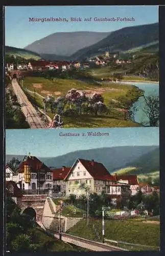 AK Gausbach /Forbach, Gasthaus zum Waldhorn, Murgthalbahn mit Flusspartie