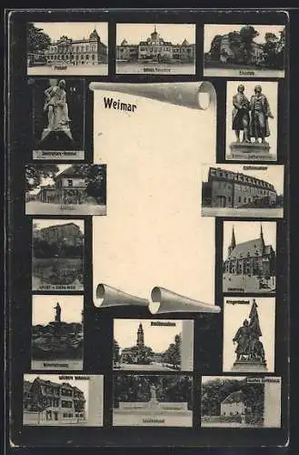 AK Weimar / Thüringen, Postamt, Schloss Belvedere und Lisztdenkmal