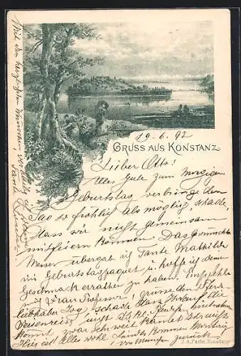 Künstler-AK Konstanz, Damen am Ufer mit Blick auf den See