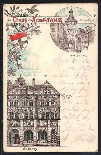 Lithographie Konstanz, Rathaus und Schnetzthor mit Hussenhaus, Wappen