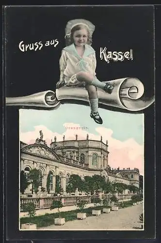 AK Kassel, Orangerie, Kleines Mädchen auf einer Schriftrolle