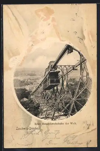 Präge-AK Dresden-Loschwitz, Bergschwebebahn mit Blick auf die Stadt, Kugel-Passepartout mit Frauenfigur