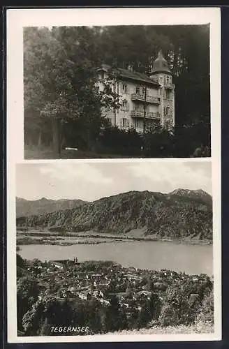 AK Tegernsee, Villa mit Turm, Ortsansicht mit See und Bergen aus der Vogelschau