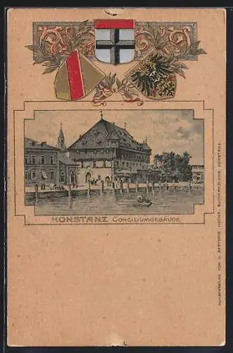 Passepartout-Lithographie Konstanz, Conciliumgebäude vom Wasser aus, Wappen, Ornamente