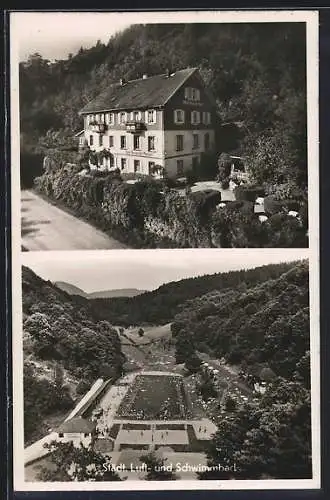 AK Gernsbach /Murgtal, Gasthaus-Pension Waldhäuschen Reichenberger mit Garten, Städt. Schwimmbad aus der Vogelschau