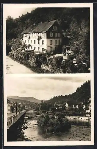 AK Gernsbach /Murgtal, Gasthaus-Pension Waldhäuschen, Murgpartie mit Brücke