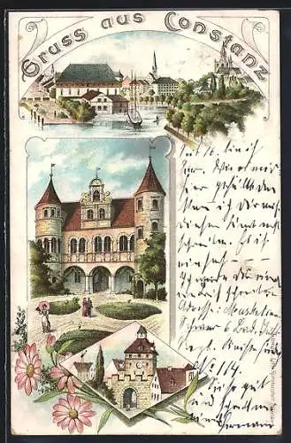 Lithographie Constanz, Ortspartie mit Häusern, Flussufer und Schloss