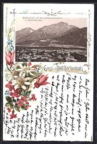 Lithographie Bad Reichenhall, Teilansicht mit Achselmannstein u. Hohenstaufen, Edelweiss u. Alpenveilchen