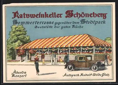 Künstler-AK Berlin-Schöneberg, Gaststätte Ratsweinkeller mit Besuchern u. Terrasse, rückseitig Speisekarte