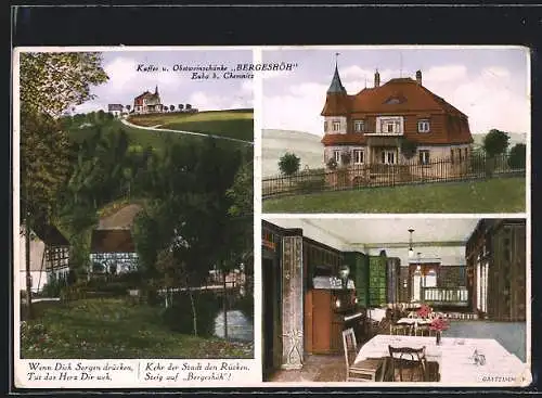 AK Euba /Chemnitz, Gasthaus Bergeshöh mit Gastzimmer, Ortspartie mit Blick zum Gasthaus