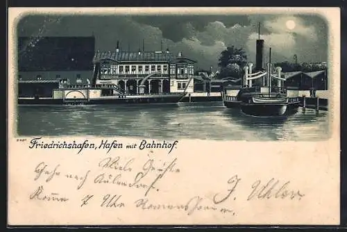 Lithographie Friedrichshafen, Hafen mit Bahnhof