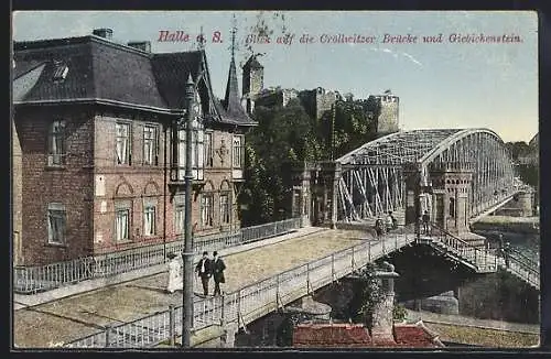 AK Halle a. S., Cröllwitzer Brücke und Burg Giebichenstein aus der Vogelschau