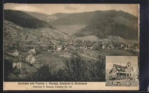 AK Scheuern /Gernsbach, Gasthaus-Pension z. Sternen F. Mauch, Gesamtansicht mit Bergpanorama aus der Vogelschau