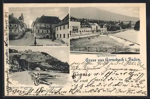 AK Gernsbach i. Baden, Obere Stadt, Schloss Eberstein u. Grafenstein, Igelbachstrasse mit Wehr