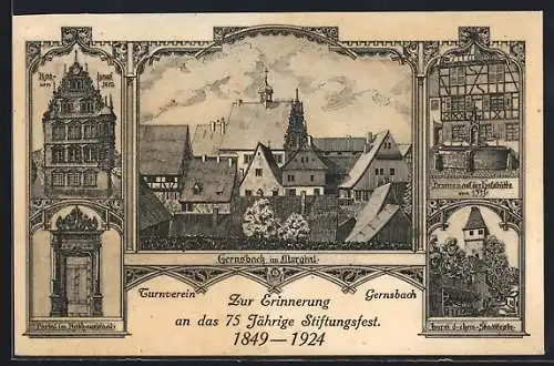 AK Gernsbach /Murgtal, Histor. Ansichten Rathaus, Portal im Rathaussaal u. Brunnen auf der Hofstätte, Stiftungsfest 1924