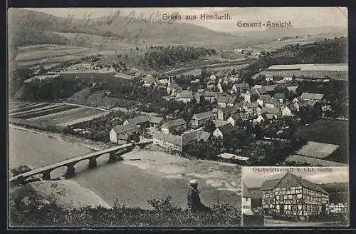 AK Hemfurth, Gasthaus C. Geitz, Gesamtansicht mit Brücke aus der Vogelschau