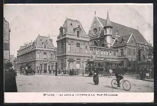 AK Paris, Les Arts & métiers & la Rue Réaumir, Partie mit Strassenbahn