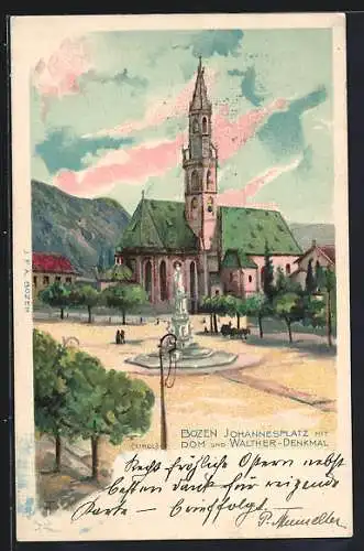 Lithographie Bozen, Johannesplatz mit Dom und Walther-Denkmal