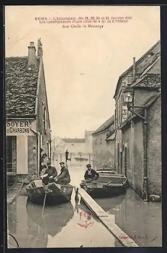 AK Sens, Inondation des 21, 22, 23 et 24 Janvier 1910, La Rue Cécile de Marsangy, Hochwasser