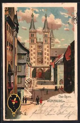 Lithographie Würzburg, Blick nach dem Dom