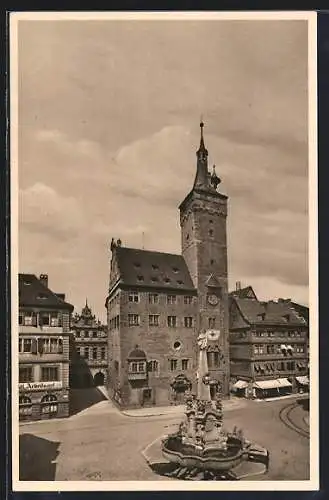 AK Würzburg, Altes Rathaus mit Garfen Eckhardturm und Vierröhrenbrunnen