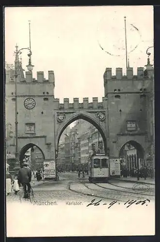 AK München, Karlstor mit Passanten, Strassenbahn, Radfahrer