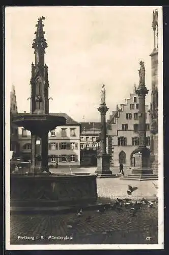 AK Freiburg i. B., Münsterplatz mit Brunnen