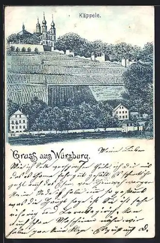 Lithographie Würzburg, Panorama mit Käppele