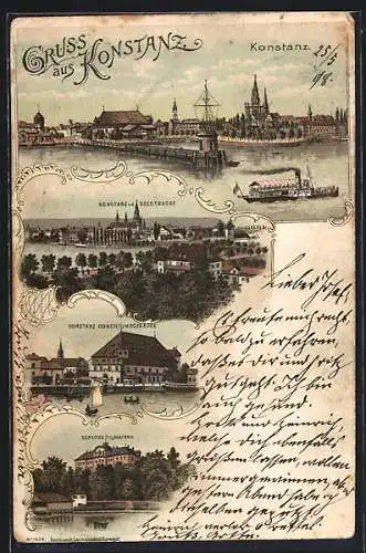 Lithographie Konstanz, Ortsansichten mit Seestrasse, Schloss Mainau