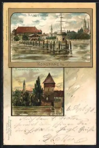 Lithographie Konstanz, Hafenpartie und Rheinthorthurm