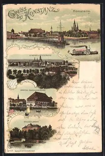 Lithographie Konstanz, Ortsansichten mit Seestrasse, Schloss Mainau