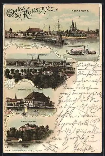 Lithographie Konstanz, Ortsansichten mit Seestrasse, Schloss Mainau