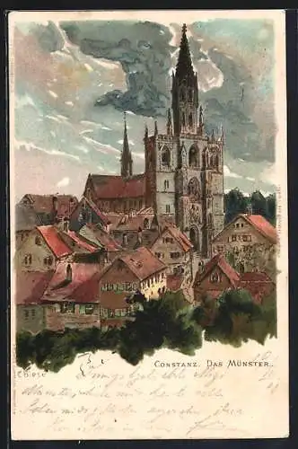 Künstler-Lithographie C.Biese: Constanz, Münster und einige Häuser