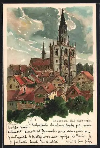 Künstler-Lithographie C.Biese: Constanz, Münster und einige Häuser