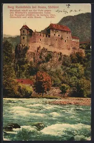 AK Bozen, Blick vom Fluss auf Burg Runkelstein