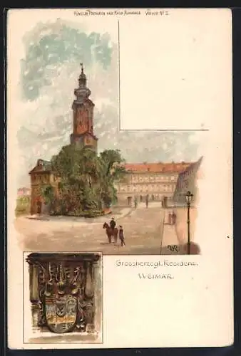 Lithographie Weimar / Thüringen, Grossherzogliche Residenz mit Strasse, Wappen