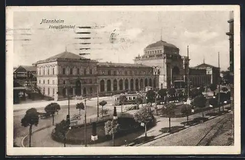 AK Mannheim, Hauptbahnhof und Strassenbahn