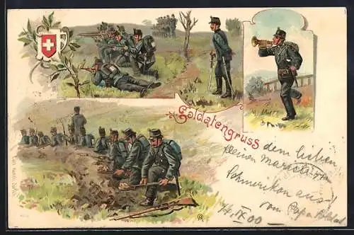 Lithographie Soldatengruss, Schweizer Soldaten mit Tompete und Gewehren