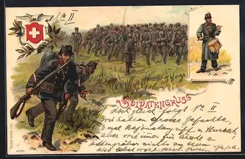 Lithographie Infanterie, schweizer Militär, Trommler