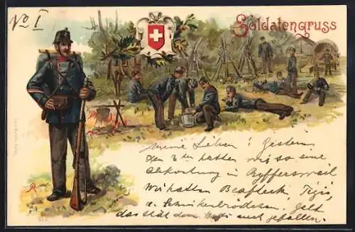 Lithographie Schweizer Soldaten in Uniformen im Lager