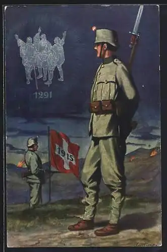 Künstler-AK Auding: Grenzbesetzung 1915, Schweizer Wachposten, 1291