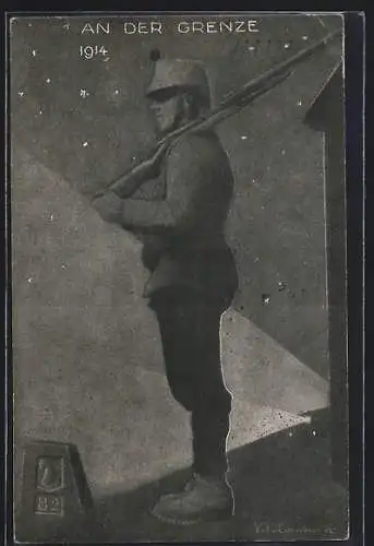 Künstler-AK Schweizer Soldat in Uniform auf Wachtposten an der Grenze 1914