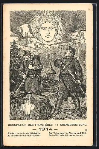 AK Grenzbesetzung August 1914, schweizer Grenzsoldaten auf Wachposten, Helvetia am Horizont