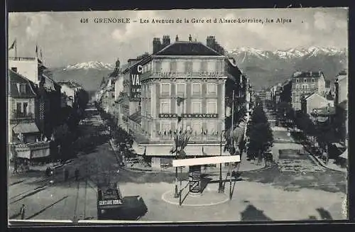 AK Grenoble, Les Avenues de la Gare et d`Alsace-Lorraine, les Alpes, Strassenbahn