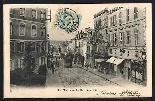 AK Le Mans, La Rue Gambetta, Geschäfte, Strassenbahn