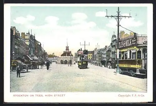 AK Stockton on Tees, High Street, Strassenbahn